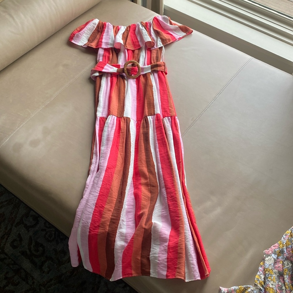 THML Sriped off shoulder mid calf dress- Size S